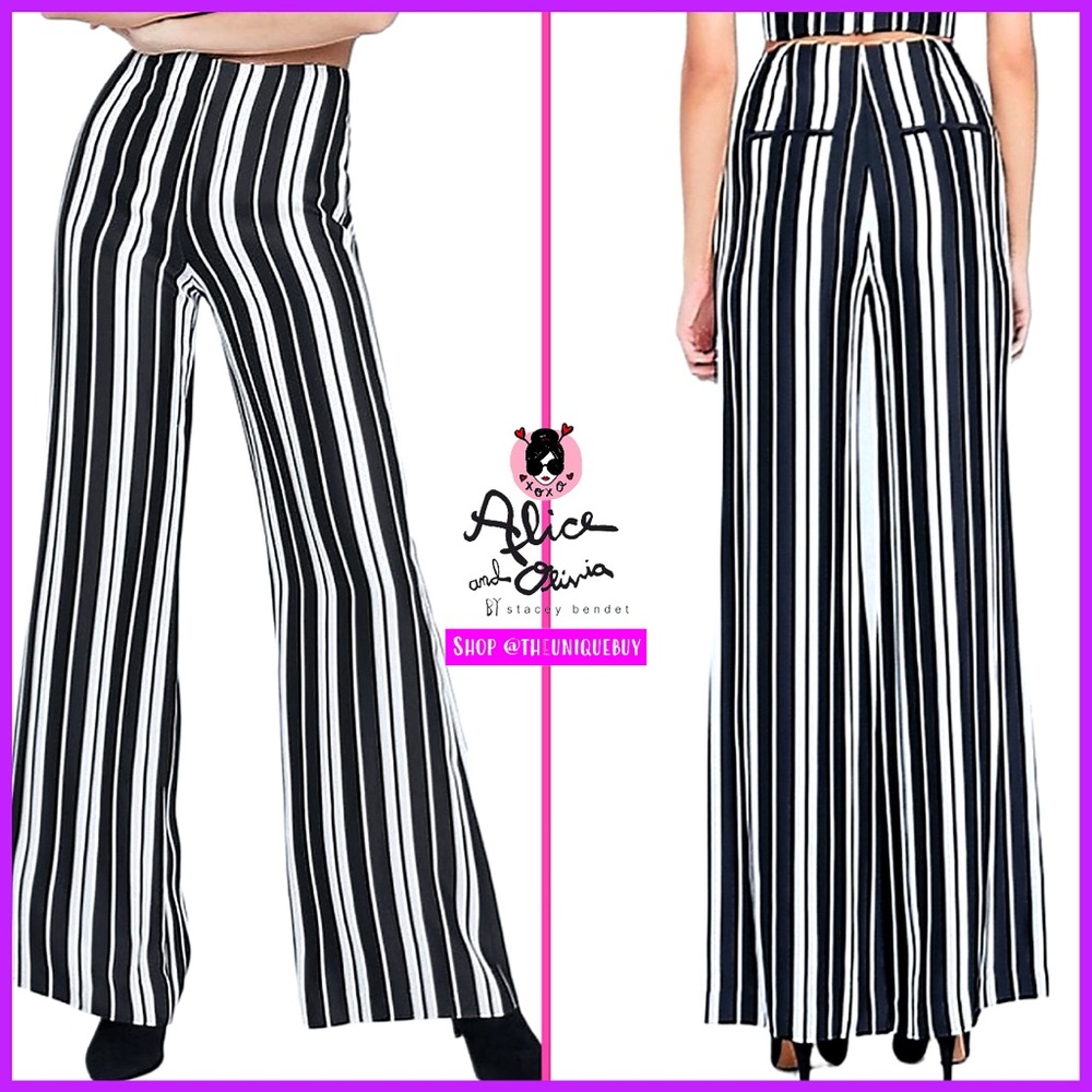 Alice + Olivia Dylan Black White High Waist Wide Leg Stripe Piped Pant